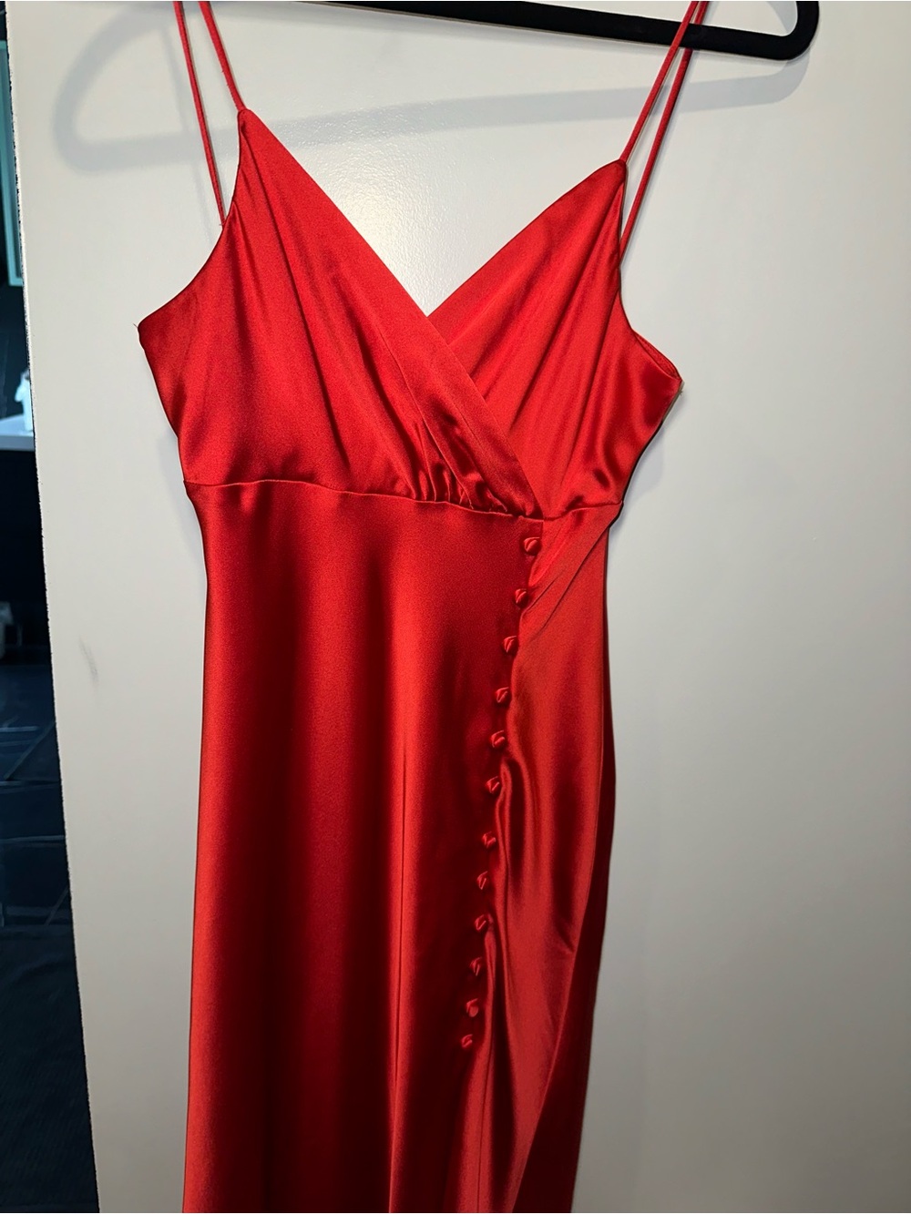 Zara Red Satin Midi Slip Dress with Button Detail